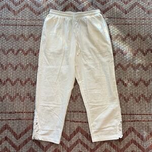 Women's White Cotton Lace Trim Cropped Drawstring Waist Pants, Size L